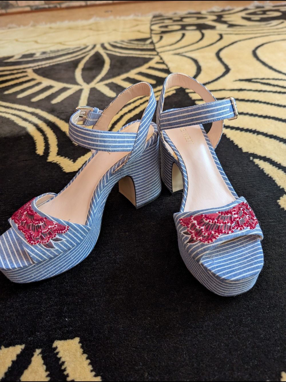 Blue Striped Nine West Platform Sandals with Red Embroidered Detail